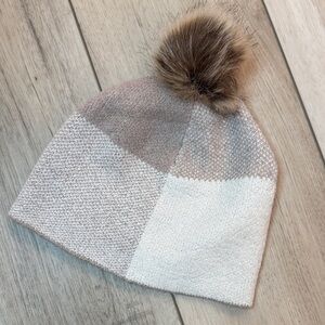 Christian Siriano Tan and Cream Plaid Winter Knit Hat with Faux Fur Pom